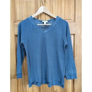 NEW Cupio Blush Small Boho Cotton Waffle Knit V-Neck Lace Long Sleeve Top Hi-Low